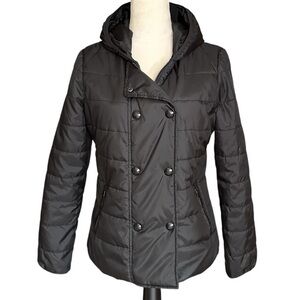 Juniors Pink Envelope Hooded Black Puffer Jacket, EUC, L